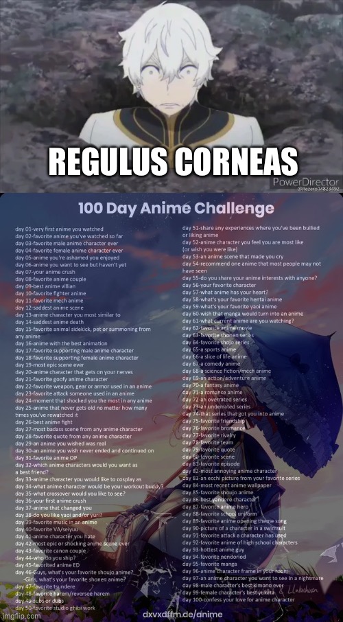 Day 93 | REGULUS CORNEAS | image tagged in 100 day anime challenge | made w/ Imgflip meme maker