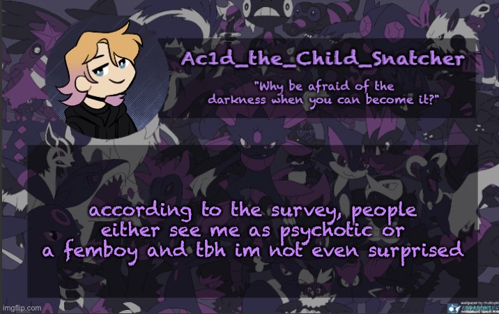 . | according to the survey, people either see me as psychotic or a femboy and tbh im not even surprised | made w/ Imgflip meme maker