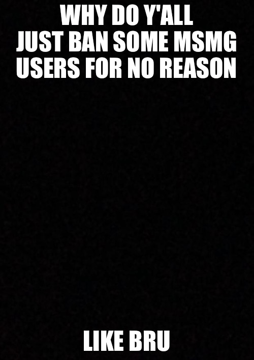 Blank  | WHY DO Y'ALL JUST BAN SOME MSMG USERS FOR NO REASON; LIKE BRU | image tagged in blank | made w/ Imgflip meme maker