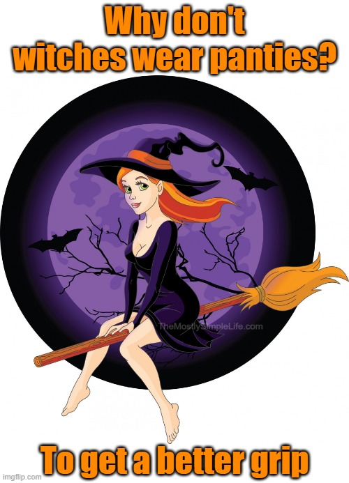 Why don't witches wear panties? | image tagged in funny,comedy,witches,dirty jokes,panties,riddles | made w/ Imgflip meme maker