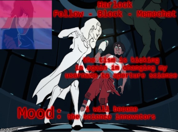 im thinking something along the lines of rp account (cringe ik) | the tism is kicking in again im changing my username to aperture science; i will become the science innovators | image tagged in harlock's fixed portal temp | made w/ Imgflip meme maker