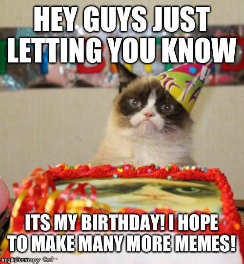 Sorry if this meme is irrelevant. | HEY GUYS JUST LETTING YOU KNOW; ITS MY BIRTHDAY! I HOPE TO MAKE MANY MORE MEMES! | image tagged in memes,grumpy cat birthday,grumpy cat | made w/ Imgflip meme maker
