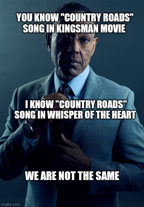 Gus Fring we are not the same | YOU KNOW "COUNTRY ROADS" SONG IN KINGSMAN MOVIE; I KNOW "COUNTRY ROADS" SONG IN WHISPER OF THE HEART; WE ARE NOT THE SAME | image tagged in gus fring we are not the same | made w/ Imgflip meme maker