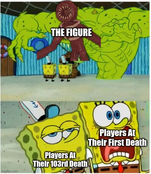 Figure Deaths | THE FIGURE; Players At Their First Death; Players At Their 103rd Death | image tagged in spongebob squarepants scared but also not scared | made w/ Imgflip meme maker