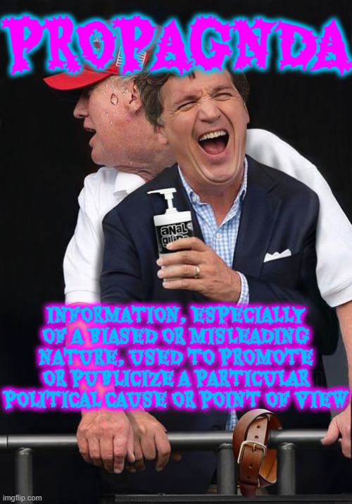 PROPAGANDA | PROPAGNDA; INFORMATION, ESPECIALLY OF A BIASED OR MISLEADING NATURE, USED TO PROMOTE OR PUBLICIZE A PARTICULAR POLITICAL CAUSE OR POINT OF VIEW | image tagged in propaganda,tucker carlson,misleading,fake news,liar,trump | made w/ Imgflip meme maker