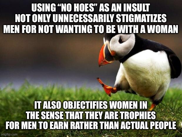 It applies to both genders but it is mainly used on men so | USING “NO HOES” AS AN INSULT NOT ONLY UNNECESSARILY STIGMATIZES MEN FOR NOT WANTING TO BE WITH A WOMAN; IT ALSO OBJECTIFIES WOMEN IN THE SENSE THAT THEY ARE TROPHIES FOR MEN TO EARN RATHER THAN ACTUAL PEOPLE | image tagged in memes,unpopular opinion puffin | made w/ Imgflip meme maker