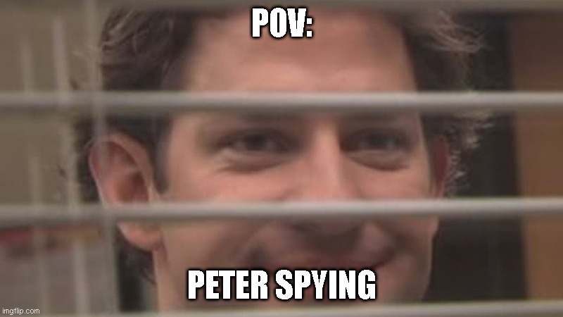 e | POV:; PETER SPYING | image tagged in jim smiles trough windows | made w/ Imgflip meme maker