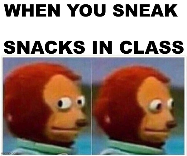 Monkey Puppet | WHEN YOU SNEAK; SNACKS IN CLASS | image tagged in memes,monkey puppet | made w/ Imgflip meme maker