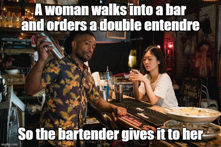 I'm sure he did | A woman walks into a bar and orders a double entendre; So the bartender gives it to her | image tagged in funny,comedy,dirty mind,humor,double entendres,bartender | made w/ Imgflip meme maker