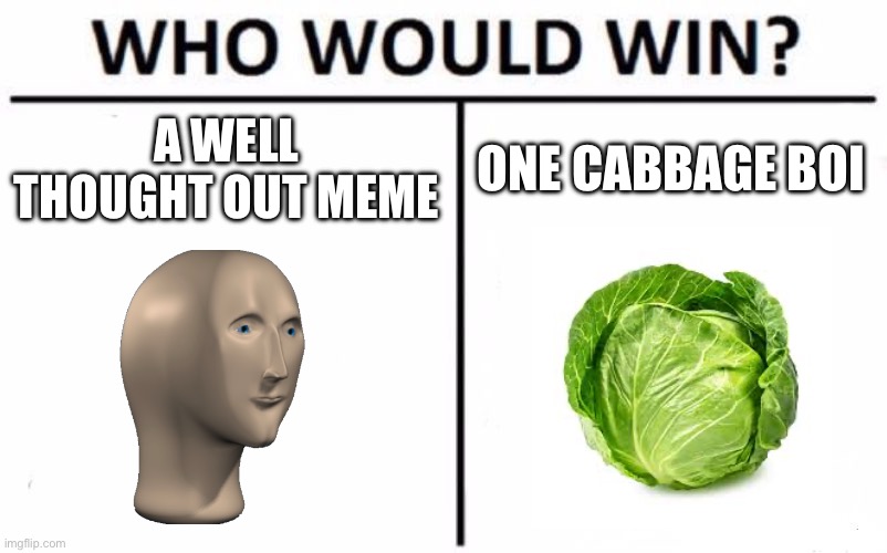 Who Would Win? | A WELL THOUGHT OUT MEME; ONE CABBAGE BOI | image tagged in memes,who would win | made w/ Imgflip meme maker