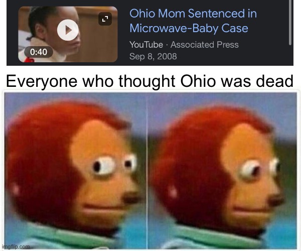 Monkey Puppet Meme | Everyone who thought Ohio was dead | image tagged in memes,monkey puppet | made w/ Imgflip meme maker