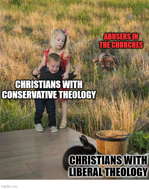 The real threat | ABUSERS IN THE CHURCHES; CHRISTIANS WITH CONSERVATIVE THEOLOGY; CHRISTIANS WITH LIBERAL THEOLOGY | image tagged in church,pope,abuse,catholic,liberal,conservative | made w/ Imgflip meme maker