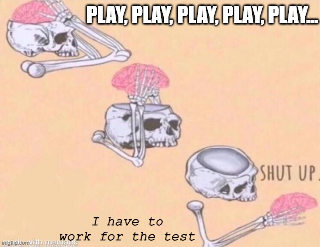 My brain the day before the test | PLAY, PLAY, PLAY, PLAY, PLAY... I have to work for the test | image tagged in skeleton shut up meme,brain,school,memes | made w/ Imgflip meme maker