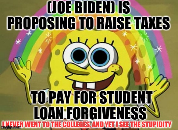never wint to college, just trade school | (JOE BIDEN) IS PROPOSING TO RAISE TAXES; TO PAY FOR STUDENT LOAN FORGIVENESS; I NEVER WENT TO THE COLLEGES, AND YET I SEE THE STUPIDITY | image tagged in imagination spongebob,dime,house on the hill,shitter clogged | made w/ Imgflip meme maker