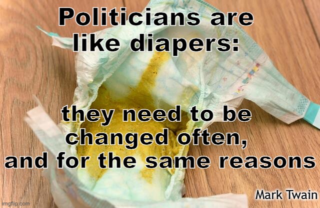 Mark Twain quotes | Politicians are 
like diapers:; they need to be 
changed often, 
and for the same reasons; Mark Twain | image tagged in politicians,government,diapers | made w/ Imgflip meme maker
