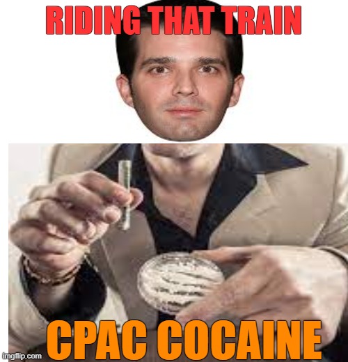 Don jr Rides the train | RIDING THAT TRAIN CPAC COCAINE | image tagged in trump,cocaine,high,talk,politics | made w/ Imgflip meme maker