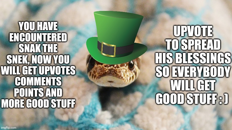 cute snek | YOU HAVE ENCOUNTERED SNAK THE SNEK, NOW YOU WILL GET UPVOTES
COMMENTS POINTS AND MORE GOOD STUFF; UPVOTE TO SPREAD HIS BLESSINGS
SO EVERYBODY WILL GET GOOD STUFF : ) | image tagged in cute snek | made w/ Imgflip meme maker