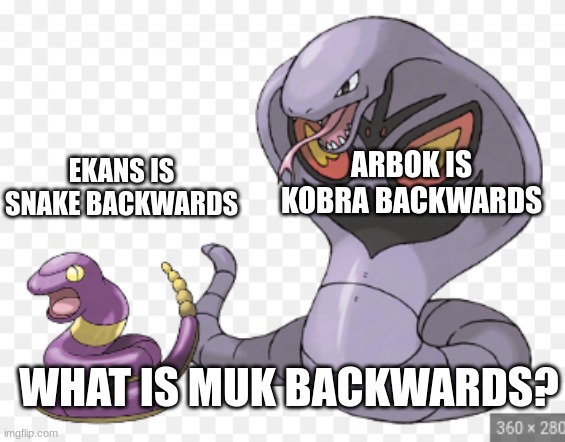 Tell me in the comments. | EKANS IS SNAKE BACKWARDS; ARBOK IS KOBRA BACKWARDS; WHAT IS MUK BACKWARDS? | made w/ Imgflip meme maker