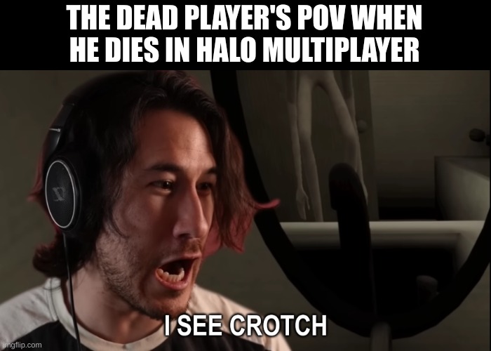 Teabaging is a tradition in halo | THE DEAD PLAYER'S POV WHEN HE DIES IN HALO MULTIPLAYER | image tagged in markiplier i see crotch | made w/ Imgflip meme maker