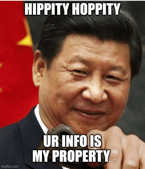 Xi Jinping | HIPPITY HOPPITY UR INFO IS MY PROPERTY | image tagged in xi jinping | made w/ Imgflip meme maker