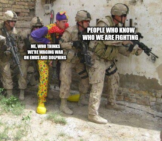War on dolphins and emus | PEOPLE WHO KNOW WHO WE ARE FIGHTING; ME, WHO THINKS WE'RE WAGING WAR ON EMUS AND DOLPHINS | image tagged in army clown | made w/ Imgflip meme maker