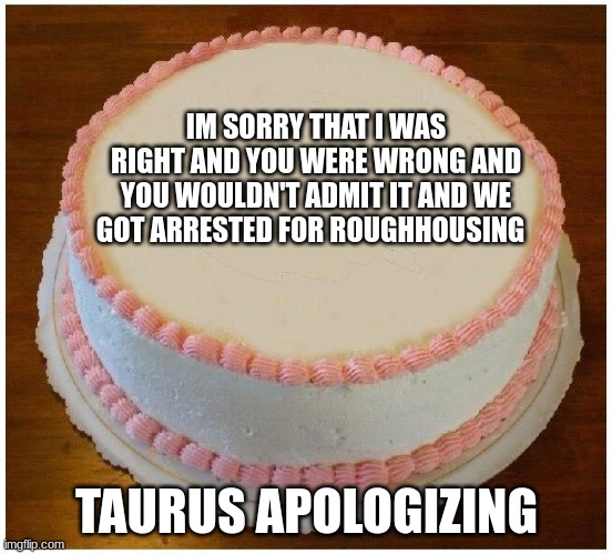 Another Apology Cake | IM SORRY THAT I WAS RIGHT AND YOU WERE WRONG AND YOU WOULDN'T ADMIT IT AND WE GOT ARRESTED FOR ROUGHHOUSING; TAURUS APOLOGIZING | image tagged in another apology cake | made w/ Imgflip meme maker