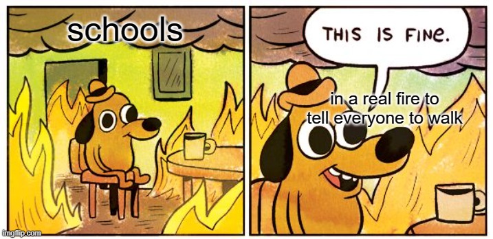 Who can relate | schools; in a real fire to tell everyone to walk | image tagged in memes,this is fine | made w/ Imgflip meme maker