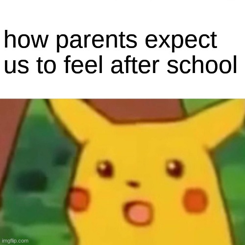 Surprised Pikachu Meme | how parents expect us to feel after school | image tagged in memes,surprised pikachu | made w/ Imgflip meme maker