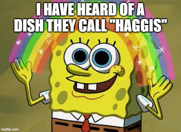 Imagination Spongebob | I HAVE HEARD OF A DISH THEY CALL "HAGGIS" | image tagged in memes,imagination spongebob | made w/ Imgflip meme maker