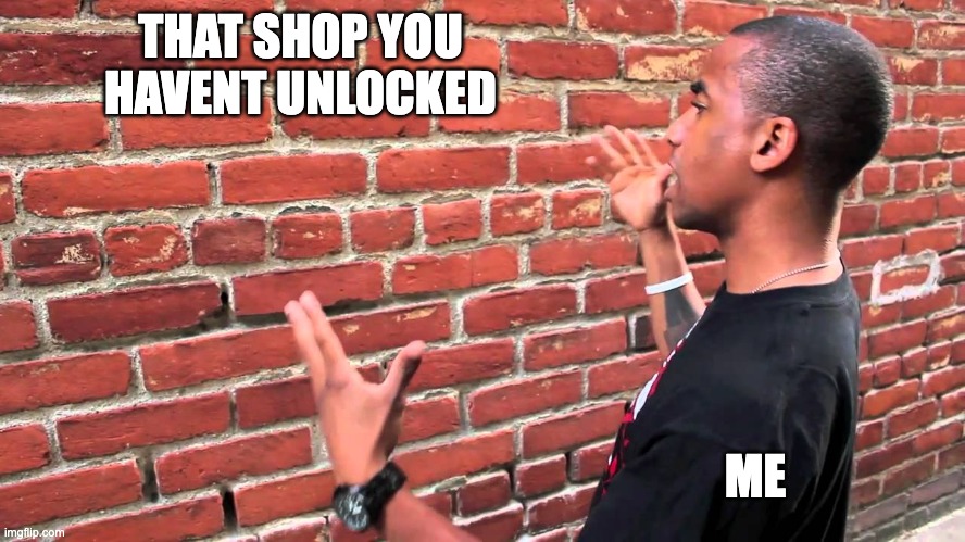 when you havent unlocked a shop | THAT SHOP YOU HAVENT UNLOCKED; ME | image tagged in talking to wall | made w/ Imgflip meme maker