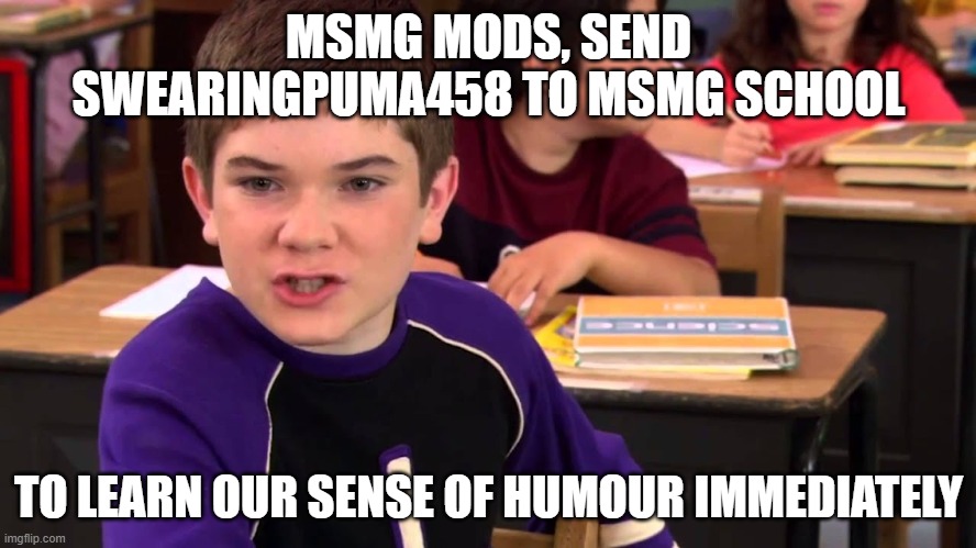 . | MSMG MODS, SEND SWEARINGPUMA458 TO MSMG SCHOOL; TO LEARN OUR SENSE OF HUMOUR IMMEDIATELY | image tagged in mr electric | made w/ Imgflip meme maker