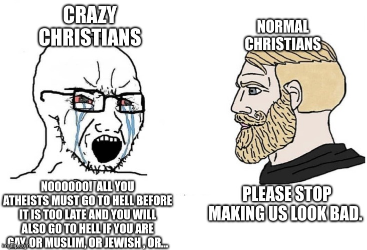 Soyboy Vs Yes Chad | CRAZY CHRISTIANS; NORMAL CHRISTIANS; PLEASE STOP MAKING US LOOK BAD. NOOOOOO!  ALL YOU ATHEISTS MUST GO TO HELL BEFORE IT IS TOO LATE AND YOU WILL ALSO GO TO HELL IF YOU ARE GAY, OR MUSLIM, OR JEWISH , OR... | image tagged in soyboy vs yes chad | made w/ Imgflip meme maker