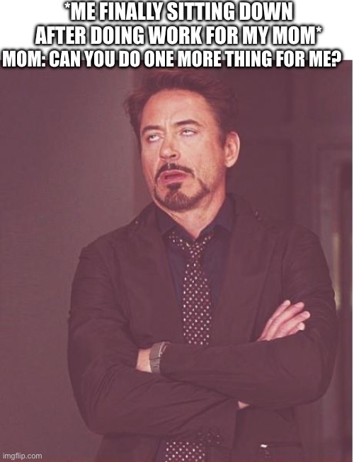 Ugh | *ME FINALLY SITTING DOWN AFTER DOING WORK FOR MY MOM*; MOM: CAN YOU DO ONE MORE THING FOR ME? | image tagged in memes,face you make robert downey jr | made w/ Imgflip meme maker