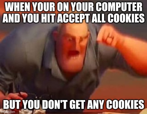 Coookies | WHEN YOUR ON YOUR COMPUTER AND YOU HIT ACCEPT ALL COOKIES; BUT YOU DON'T GET ANY COOKIES | image tagged in mr incredible mad | made w/ Imgflip meme maker