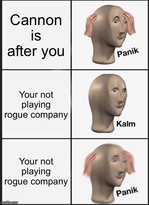 Cannon op | Cannon is after you; Your not playing rogue company; Your not playing rogue company | image tagged in memes,panik kalm panik | made w/ Imgflip meme maker
