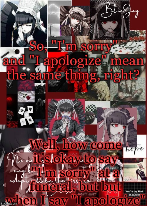 Jaiden Celeste Temp | So, "I'm sorry" and "I apologize" mean the same thing, right? Well, how come it's okay to say "I'm sorry" at a funeral, but but when I say "I apologize" | image tagged in jaiden celeste temp | made w/ Imgflip meme maker