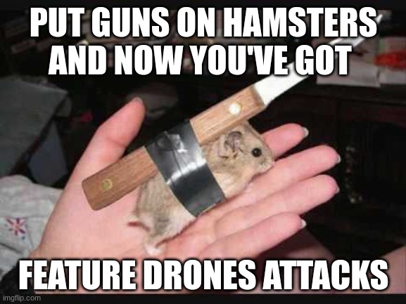 Lock and Load Hamster | PUT GUNS ON HAMSTERS AND NOW YOU'VE GOT; FEATURE DRONES ATTACKS | image tagged in lock and load hamster | made w/ Imgflip meme maker