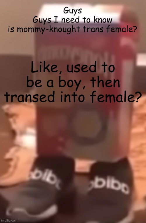 Please I need to know | Guys
Guys I need to know
is mommy-knought trans female? Like, used to be a boy, then transed into female? | image tagged in homie cereal wid da drippin | made w/ Imgflip meme maker