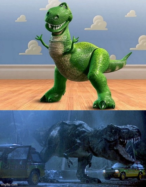 Jurassic Park Toy Story T-Rex | image tagged in jurassic park toy story t-rex | made w/ Imgflip meme maker