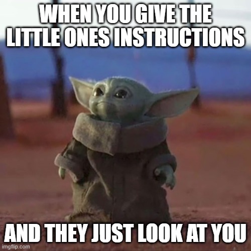 Baby Yoda | WHEN YOU GIVE THE LITTLE ONES INSTRUCTIONS; AND THEY JUST LOOK AT YOU | image tagged in baby yoda | made w/ Imgflip meme maker