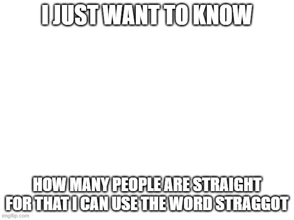 I JUST WANT TO KNOW; HOW MANY PEOPLE ARE STRAIGHT FOR THAT I CAN USE THE WORD STRAGGOT | made w/ Imgflip meme maker