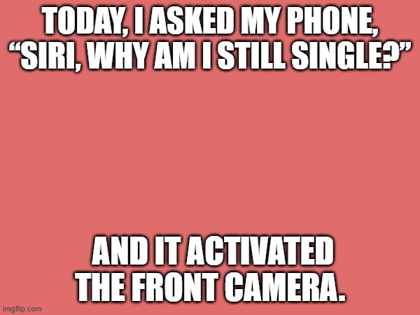 Funny joke | TODAY, I ASKED MY PHONE, “SIRI, WHY AM I STILL SINGLE?”; AND IT ACTIVATED THE FRONT CAMERA. | image tagged in funny jokes,funny memes,funny,hilarious memes,nice memes,memes | made w/ Imgflip meme maker