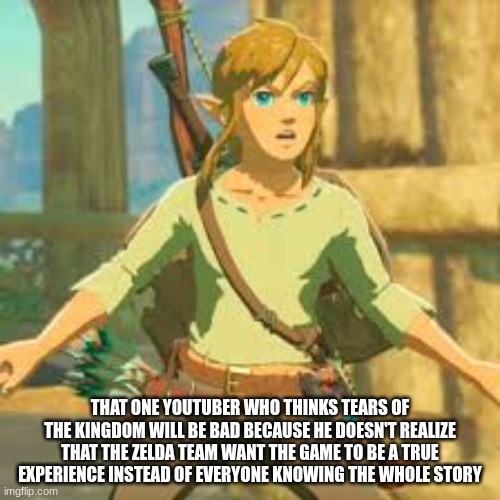THAT ONE YOUTUBER WHO THINKS TEARS OF THE KINGDOM WILL BE BAD BECAUSE HE DOESN'T REALIZE THAT THE ZELDA TEAM WANT THE GAME TO BE A TRUE EXPERIENCE INSTEAD OF EVERYONE KNOWING THE WHOLE STORY | image tagged in meme | made w/ Imgflip meme maker