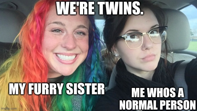 My Sister And I Are Polar Opposites | WE'RE TWINS. MY FURRY SISTER; ME WHOS A NORMAL PERSON | image tagged in my sister and i are polar opposites | made w/ Imgflip meme maker