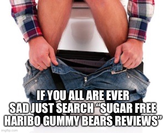 Your welcome | IF YOU ALL ARE EVER SAD JUST SEARCH “SUGAR FREE HARIBO GUMMY BEARS REVIEWS” | image tagged in diarrhea toilet sugar free | made w/ Imgflip meme maker