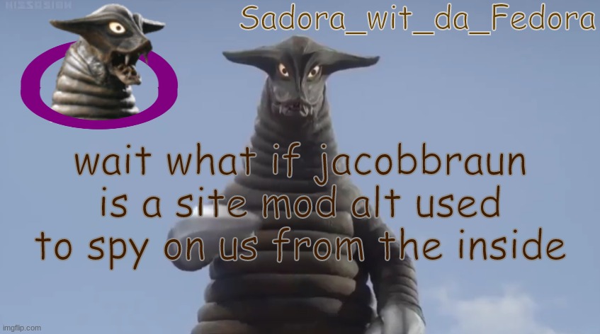 am i insane | wait what if jacobbraun is a site mod alt used to spy on us from the inside | made w/ Imgflip meme maker