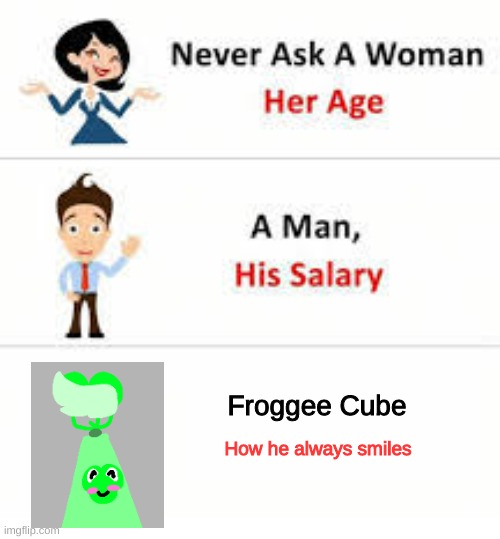 Almost all of my ocs frown, so... Froggee Cube can smile through anything..?? | Froggee Cube; How he always smiles | made w/ Imgflip meme maker