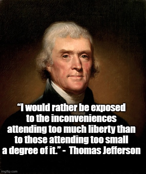 Never too much liberty! | “I would rather be exposed to the inconveniences attending too much liberty than to those attending too small a degree of it.” -  Thomas Jefferson | image tagged in thomas jefferson,politics,liberty | made w/ Imgflip meme maker