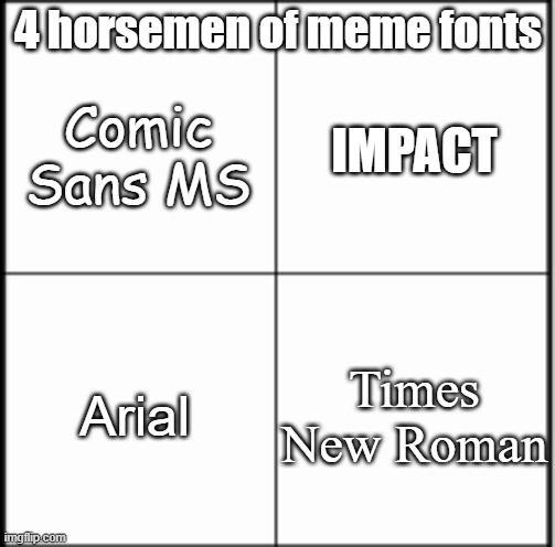 Table chart | 4 horsemen of meme fonts; Comic Sans MS; IMPACT; Arial; Times New Roman | image tagged in table chart | made w/ Imgflip meme maker