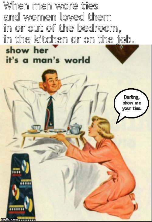 the magic of ties | When men wore ties and women loved them 
in or out of the bedroom,
in the kitchen or on the job. Darling, show me your ties. | image tagged in memes,dark humor | made w/ Imgflip meme maker